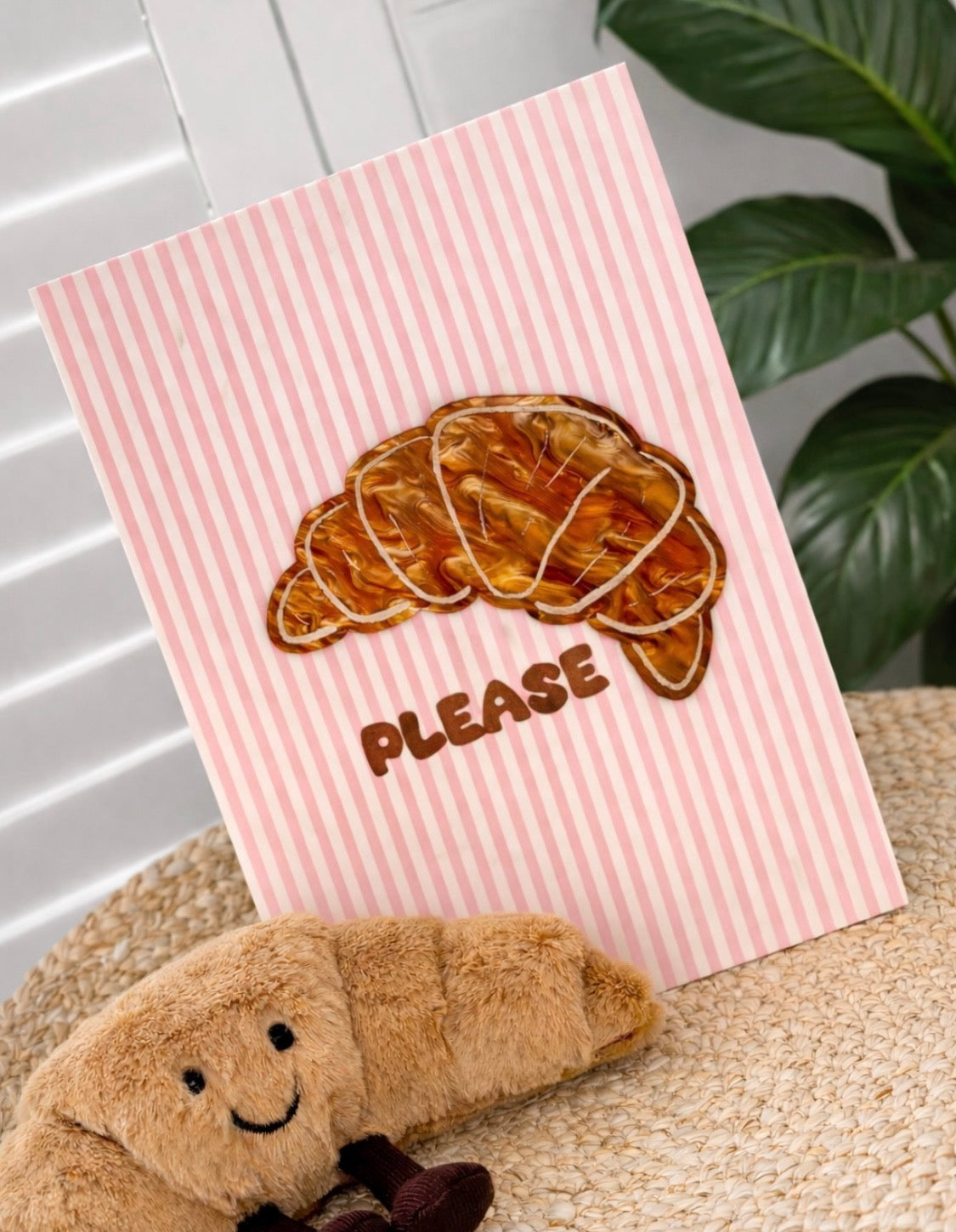 Croissant Please Wall Art – Pink Stripe Kitchen & Coffee Bar Decor